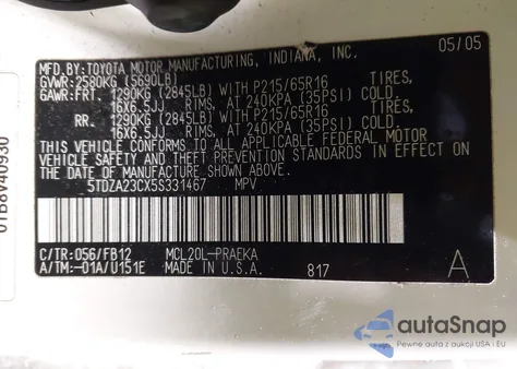 2005 Toyota Sienna Le из США, поврежденный, VIN 5TDZA23CX5S331467